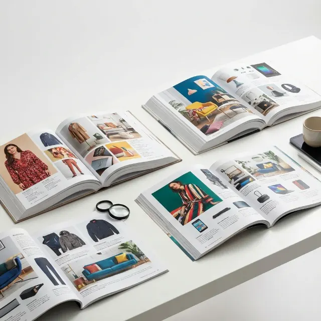 Catálogos e revistas impressos abertos com acabamento editorial profissional Catálogos e revistas impressos abertos com acabamento editorial profissional